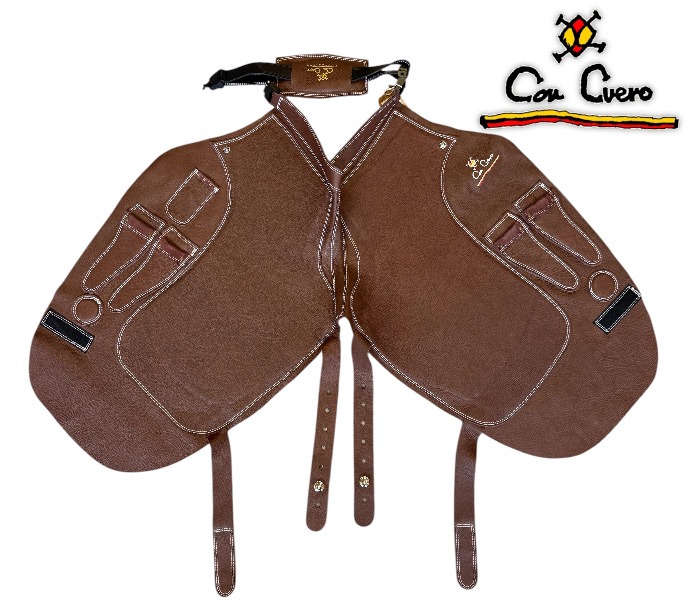 Con Cuero Grembiule Elite Tutta Pelle Marron Corto Hilo Blanco 13623